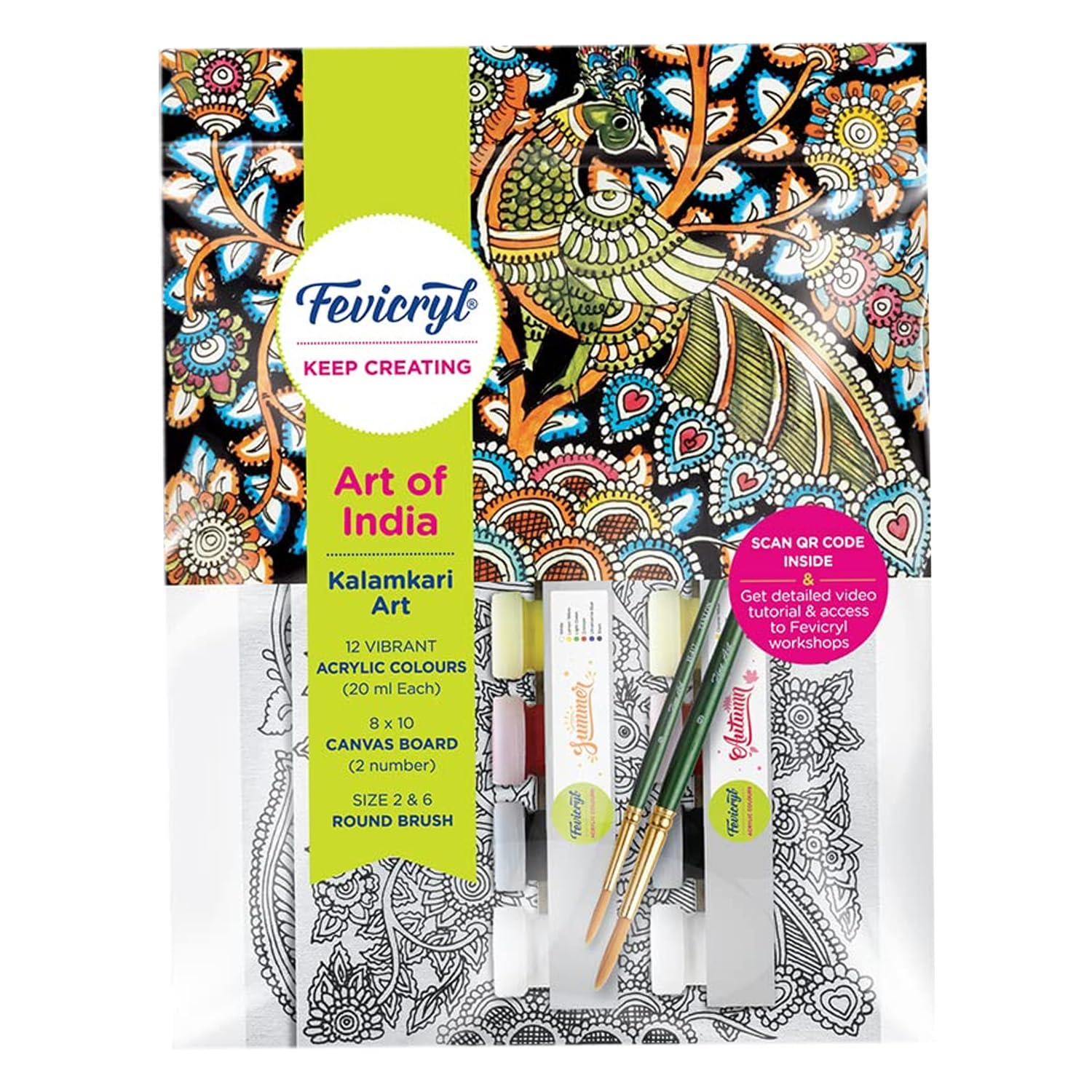 Kalamkari 1 Fevicryl DIY Art of India Kalamkari Art kit | DIY Acrylic Painting Set with Acrylic Paints 12 Shades | Set of 2 Round Brushes | Pre-Designed Canvas 8 x10 | Ideal for Festive Gifting - Image 1