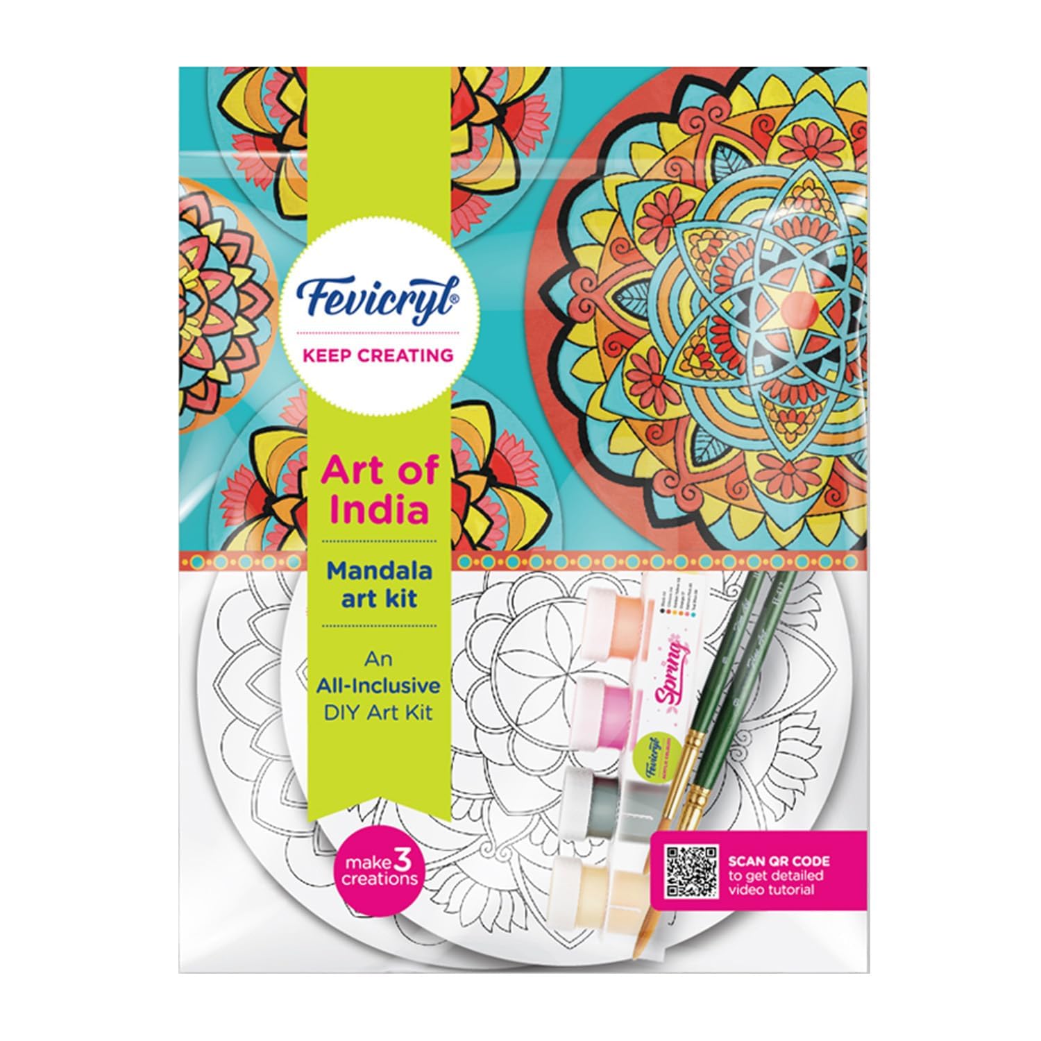 Mandala 2 Fevicryl DIY Art of India Mandala Art kit | Acrylic Paints 6 Shades| Set of 2 Round Brushes | 3 Pre-Designed MDF Board | for Artists, Students, Children | Ideal for Festive Gifting - Image 1